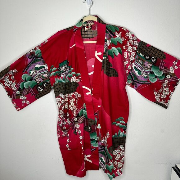 Made In Japan Red Floral Pagoda Multicolor Japanese Kimono and Matching Belt OS - Picture 15 of 15